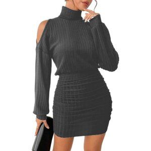 Women Pullover 87 Dark Grey Sweater Dress Lantern Sleeve Turtleneck Ribbed Mini
